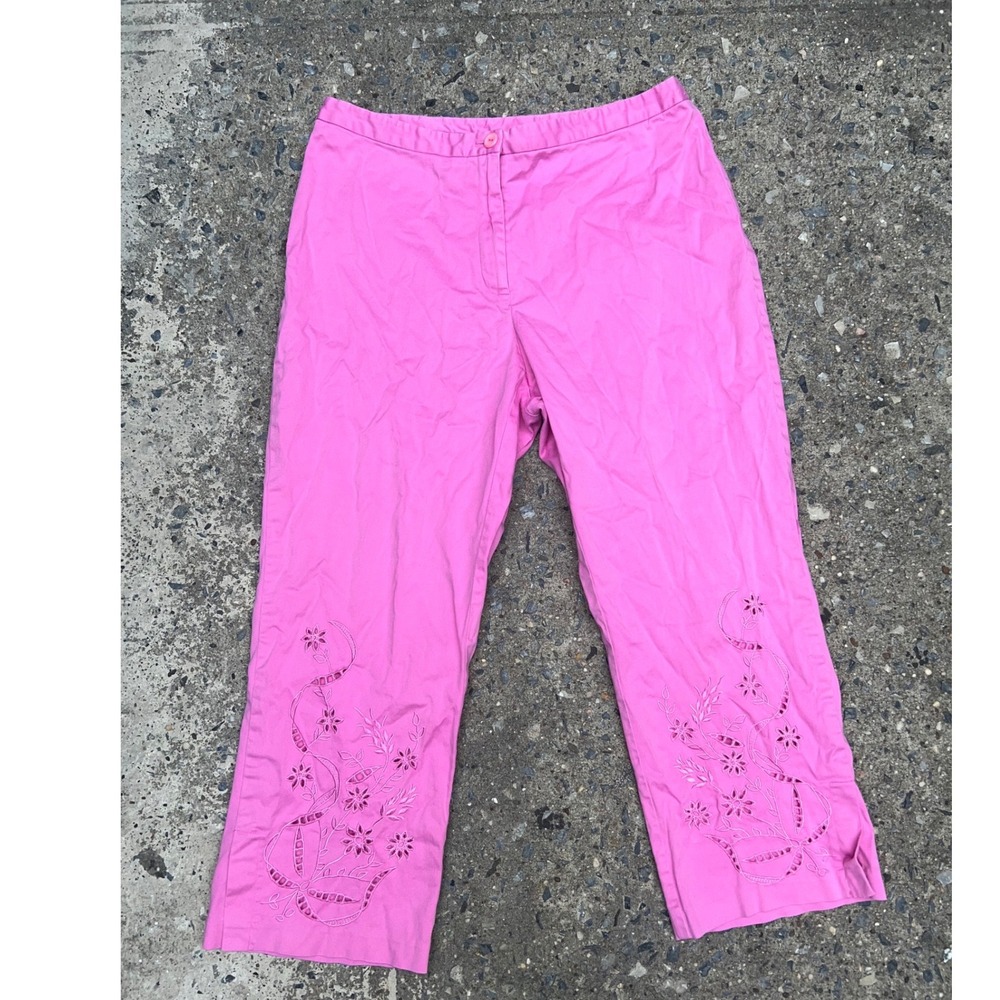 Worthington Pink Eyelet Floral Embroidered Crop Pants Womens 14 Capris